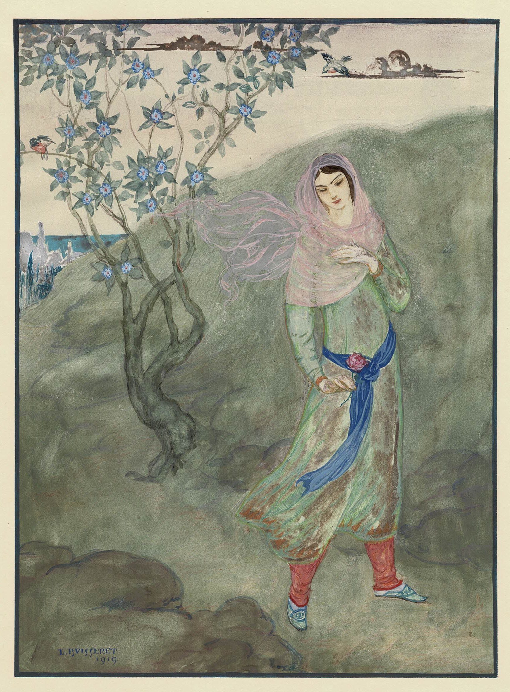 Louis Buisseret: Aquarelle, "Orientale" Woman with a rose walking.