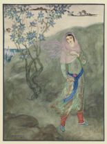 Louis Buisseret: Aquarelle, "Orientale" Woman with a rose walking.