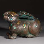 Copper file gold and silver inlaid pine rabbit paperweight from Han dynasty