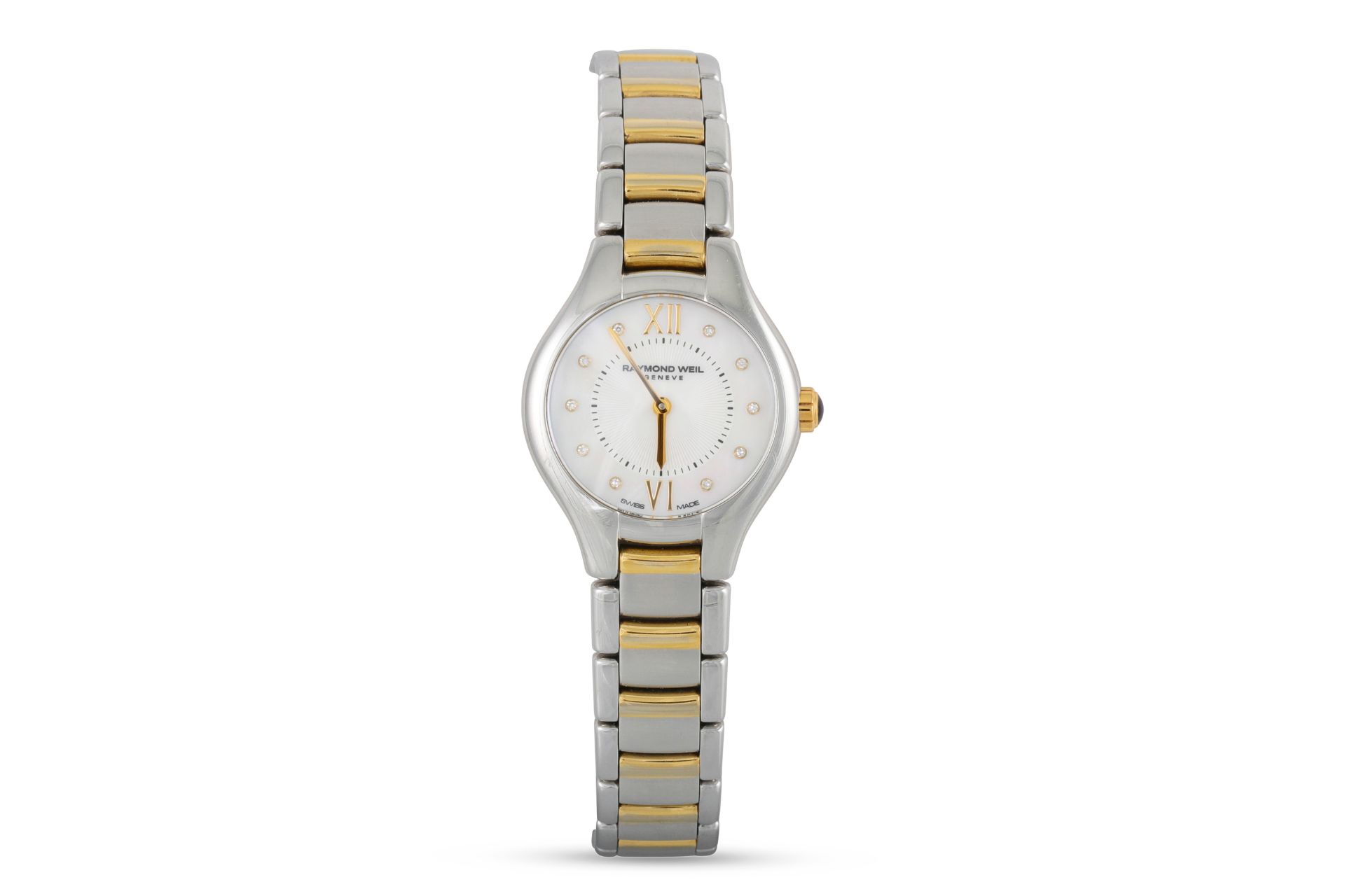 A LADY'S BI-METAL RAYMOND WEIL WRIST WATCH, mother-of-pearl dial, bracelet strap, boxed with spare
