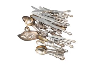 A VICTORIAN SILVER CUTLERY SET, comprising fish slice, forks, dinner forks, sauce ladle etc.