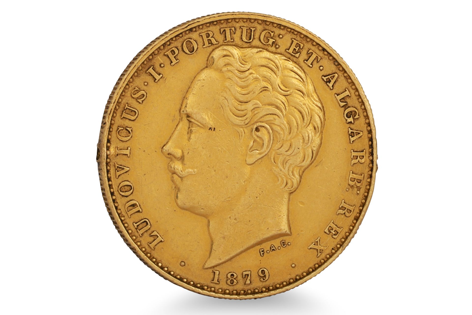 AN 1879 PORTUGUESE 10,000 REIS GOLD COIN VF, gross weight 17.7 g. 1/2 troy oz