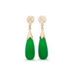 A PAIR OF GOLD EARRINGS, with green gemstones