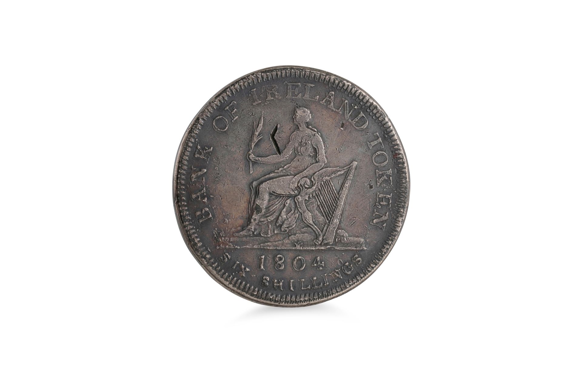 AN 1804 GIII BANK OF IRELAND SIX SHILLINGS BANK TOKEN, Irish silver coin GF toned. Spink 6615