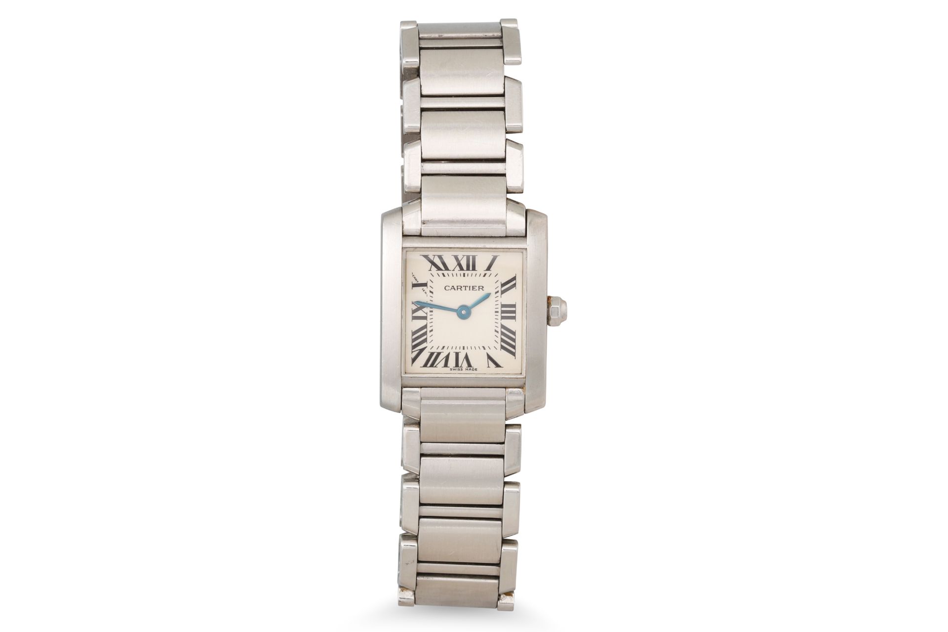 A LADY'S STAINLESS STEEL CARTIER WRISTWATCH, tank, white face with Roman numerals, three spare