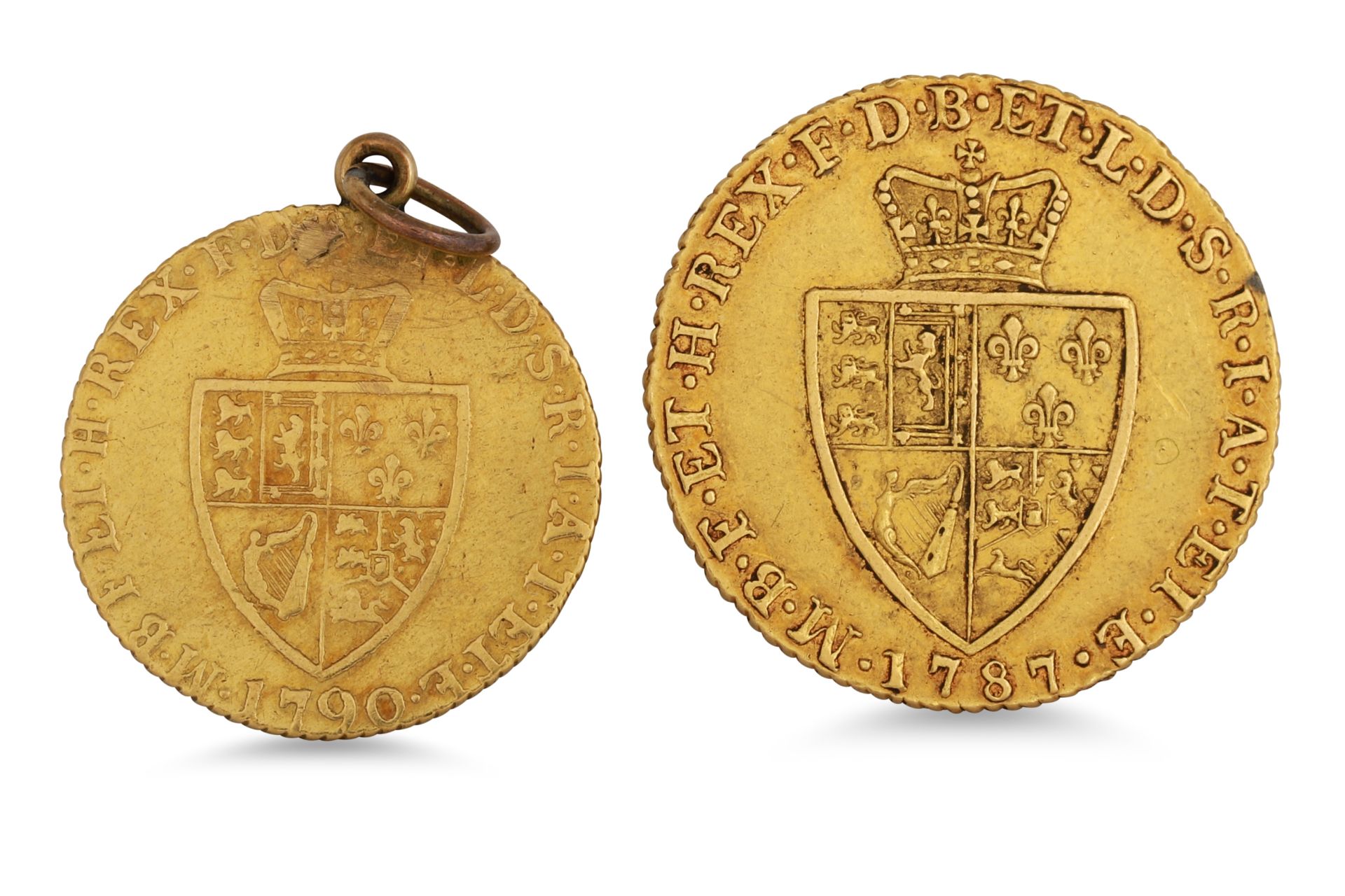 A FULL 1787 ENGLISH GOLD GUINEA COIN VF GEORGE III, plus a 1790 1/2 guinea, on a ring mount, size