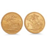 TWO 1964 QUEEN ELIZABETH II FULL GOLD SOVEREIGNS ENGLISH GOLD COINS, UN, 16 g. 22 ct.