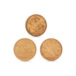 THREE FULL ENGLISH GOLD SOVEREIGNS, 1898 VF, 1912 NEF, 1964 AUNC, gross weight 24 g. 22 ct.
