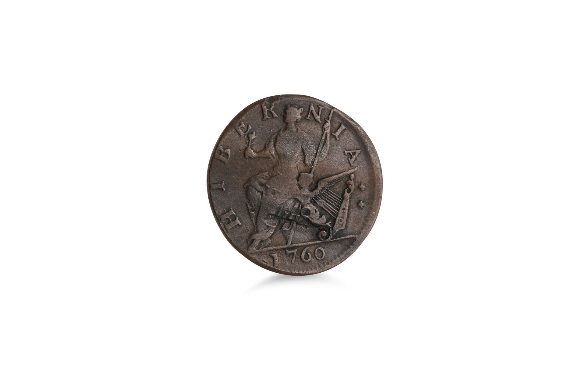 A 1760 GII VOCE POPULI COPPER HALFPENNY IRISH HIBERNIA American Colonial coin. Good Fine.
