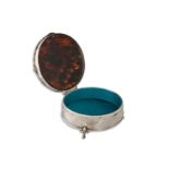 AN ANTIQUE GEORGE V SILVER TORTOISE SHELL RING BOX, blue silk lined interior, hallmark Birmingham