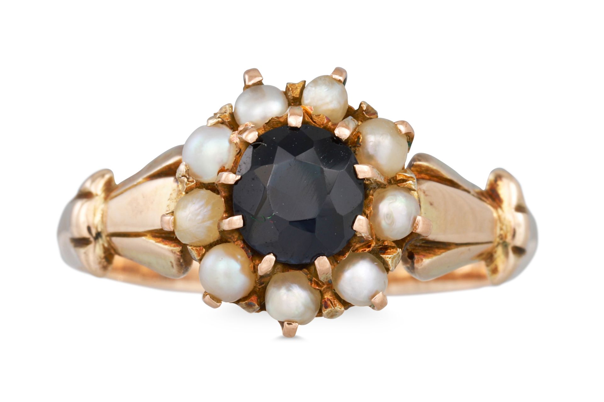 A SAPPHIRE AND PEARL RING, mounted in gold, size O - P