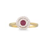 A DIAMOND AND RUBY CLUSTER RING, the circular ruby to two rowed diamond surround, of target from,