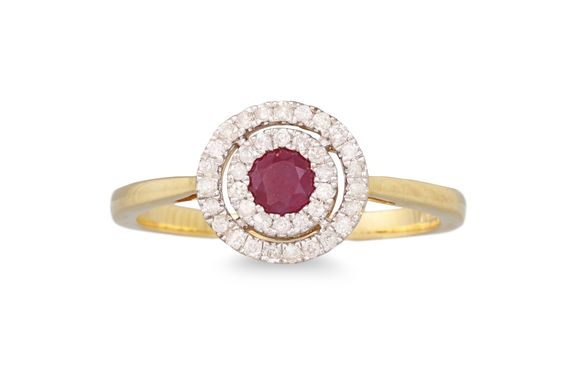 A DIAMOND AND RUBY CLUSTER RING, the circular ruby to two rowed diamond surround, of target from,