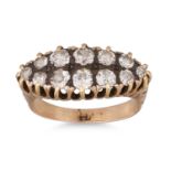 AN ANTIQUE DIAMOND CLUSTER RING, boat shaped, in yellow gold. Estimated: weight of diamonds: 1.80