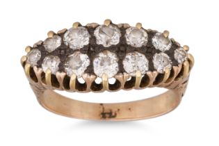 AN ANTIQUE DIAMOND CLUSTER RING, boat shaped, in yellow gold. Estimated: weight of diamonds: 1.80