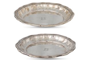 AN ANTIQUE PAIR OF GERMAN (.800) SILVER CIRCULAR TRAYS, engraved with letter 'B', ca 6" diameter,