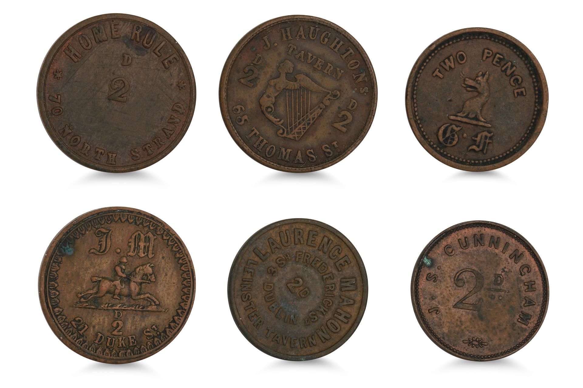 1800s 6 X VICTORIA 2d COPPER IRISH TOKENS: JS Cunningham, TF, L Mahon Fred St, JM 21 Duke St,