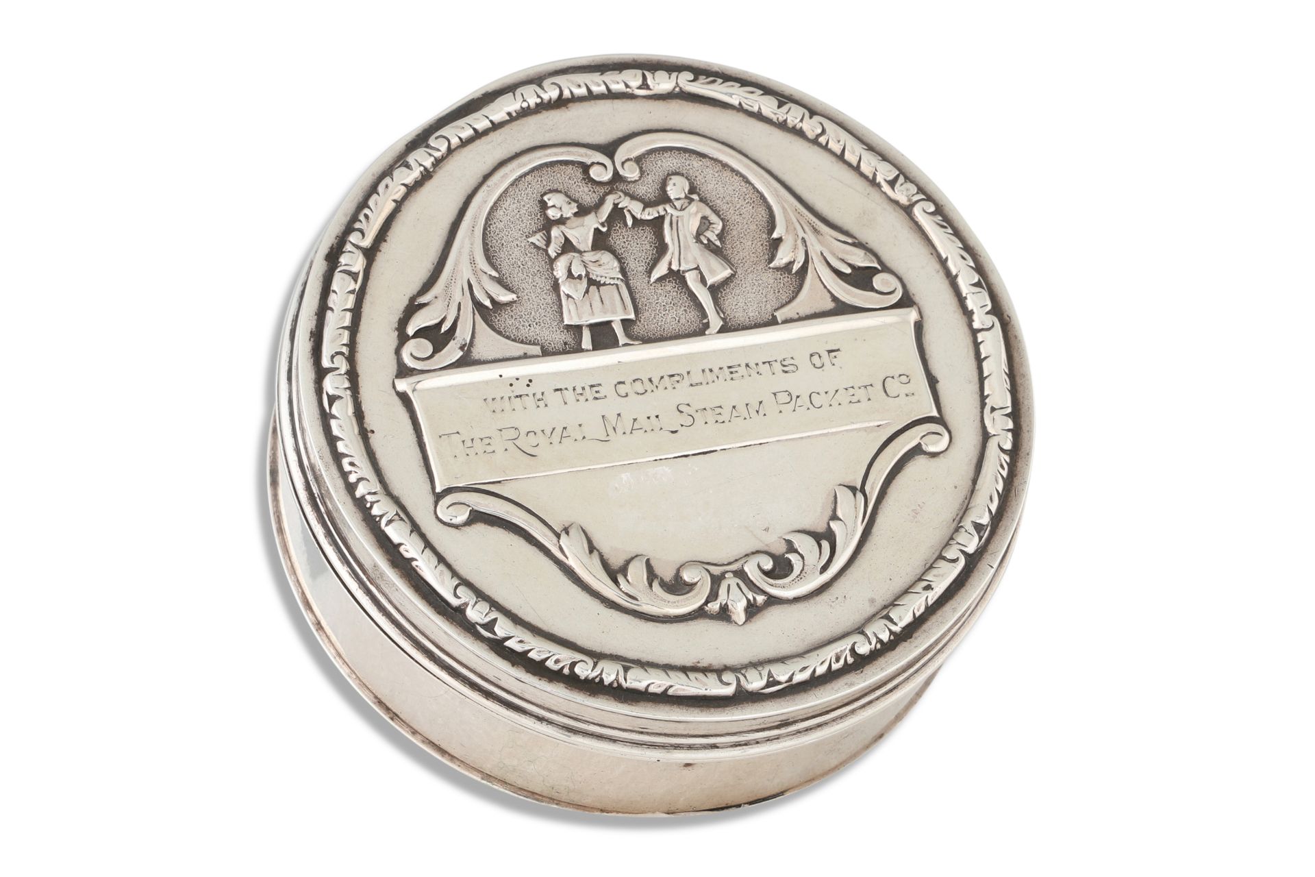 A GEORGE V CIRCULAR SILVER POWDER BOX, "with the compliments of Royal Mail steam packet Co.'',