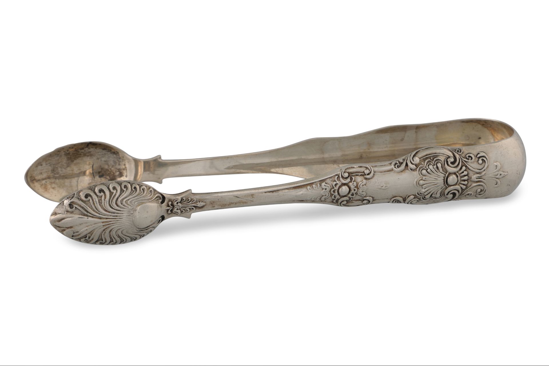 A VICTORIAN SCOTTISH SILVER ORNATE KINGS PATTERN SUGAR TONGS, hallmark Glasgow 1852, ca 6" long,