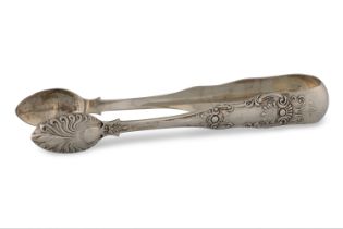 A VICTORIAN SCOTTISH SILVER ORNATE KINGS PATTERN SUGAR TONGS, hallmark Glasgow 1852, ca 6" long,