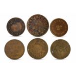 1800s 6 X LARGE BRASS IRISH TOKENS: Clarence Hotel 4d, Smith Rogersons Qy 2d, R Todd, Welfare Ass