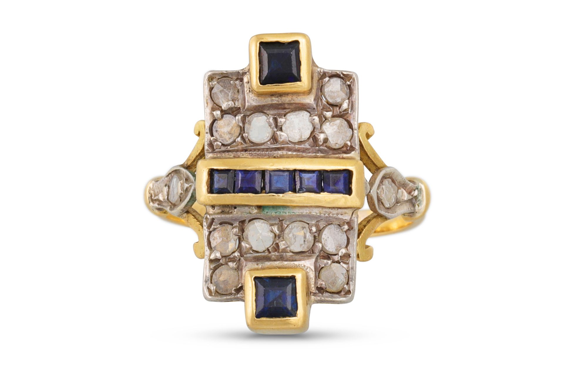A SAPPHIRE AND DIAMOND PLAQUE RING, set with old cut diamonds and channel set sapphires, mounted