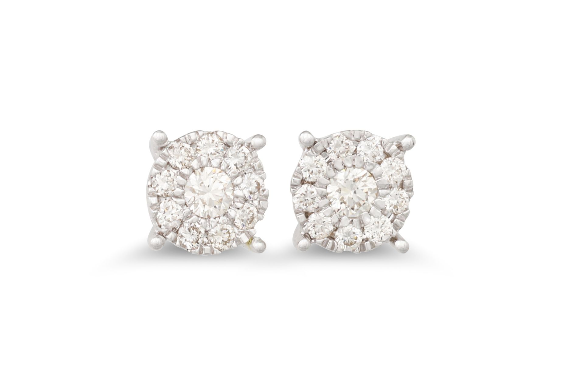 A PAIR OF DIAMOND CLUSTER EARRINGS, of halo form, mounted in 9ct white gold