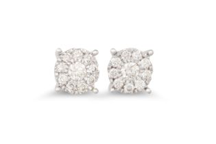 A PAIR OF DIAMOND CLUSTER EARRINGS, of halo form, mounted in 9ct white gold