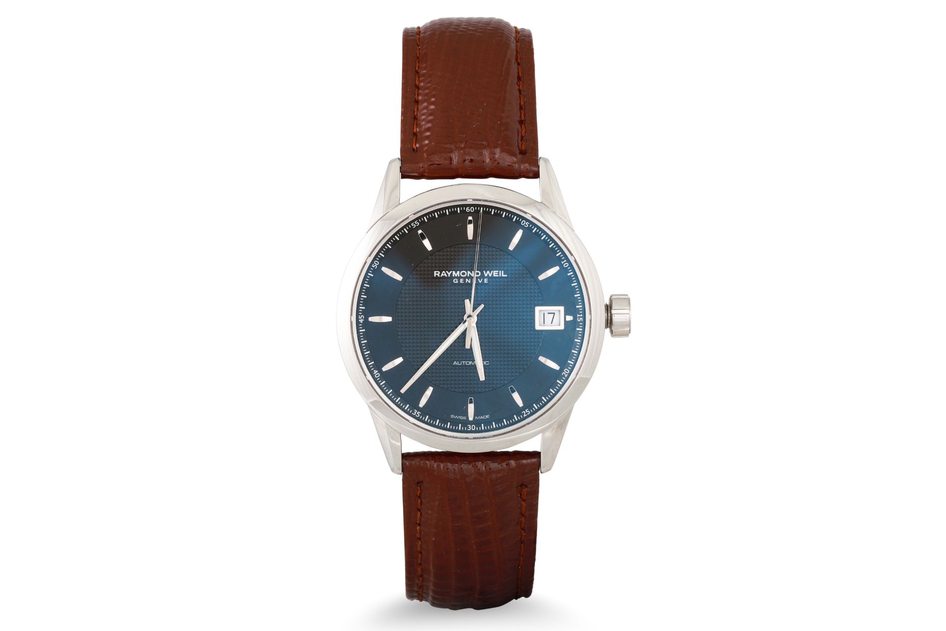 A RAYMOND WEIL EXHIBITION WRISTWATCH, leather strap, black dial