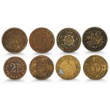 1800s 8 X BRASS 2d IRISH TOKENS: Abbey Clare Lane, The Apollo, Cade Gr Brittain St, CB HR, Abbey