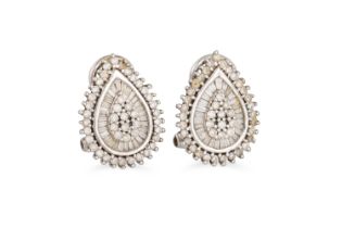 A PAIR OF DIAMOND EARRINGS, mounted in 9ct white gold