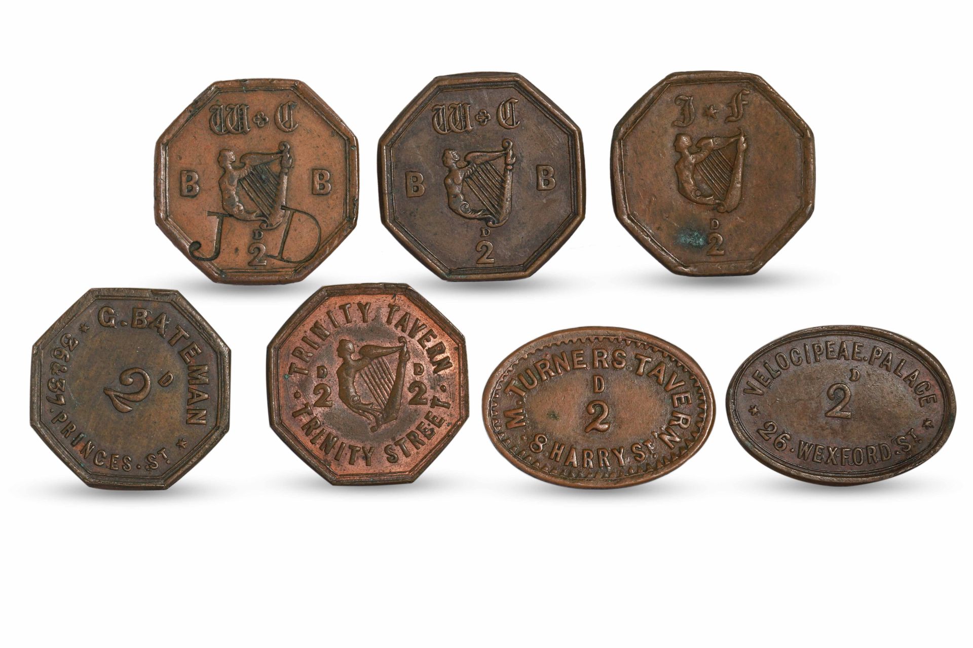 1800s 5 x COPPER 2d Octogon IRISH TOKENS; Trinity Tav Trinity St, Bateman Princes St, WC, TF, WC BB,