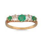 A DIAMOND AND EMERALD FIVE STONE RING, mounted in 18ct gold, carved shank, size N - O *** (chip to