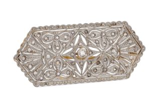 A DIAMOND PLAQUE BROOCH, of overall rectangular form with pointed ends, the centre old cut diamond