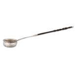 A GEORGIAN SILVER PUNCH LADLE, with Queen Anne 1711 coin insert, ca 15" long