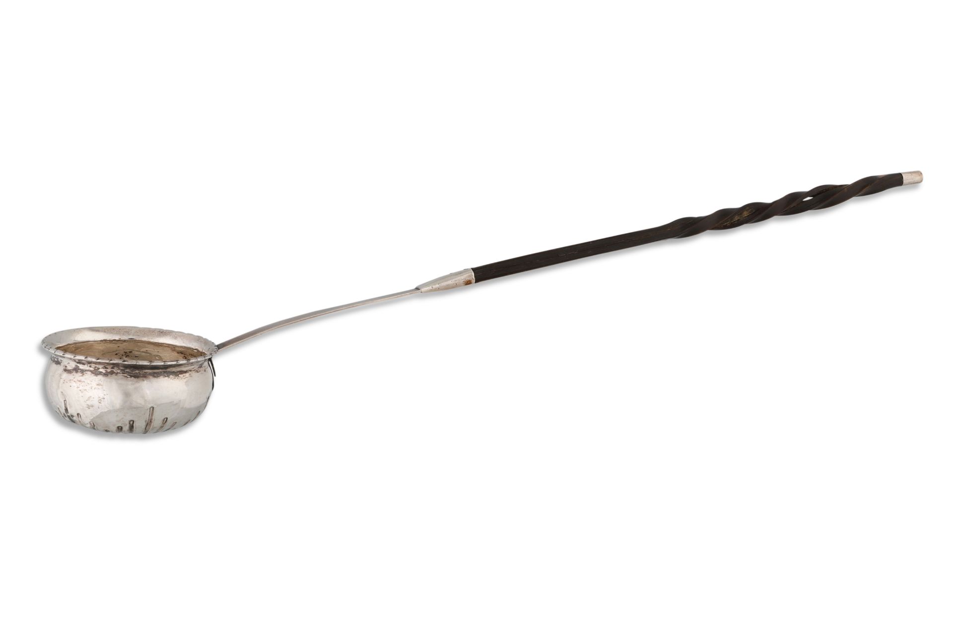 A GEORGIAN SILVER PUNCH LADLE, with Queen Anne 1711 coin insert, ca 15" long