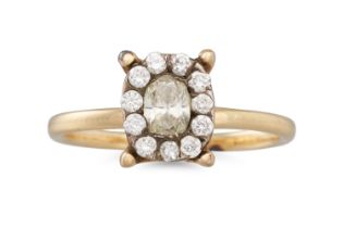 A DIAMOND CLUSTER RING, mounted in yellow gold. Estimated: weight of centre diamond: 0.50 ct. size