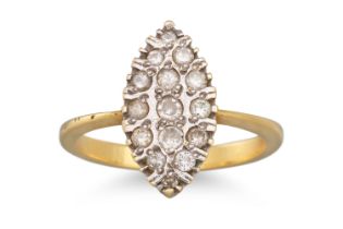 A DIAMOND CLUSTER RING, boat shaped, mounted in yellow gold, size M
