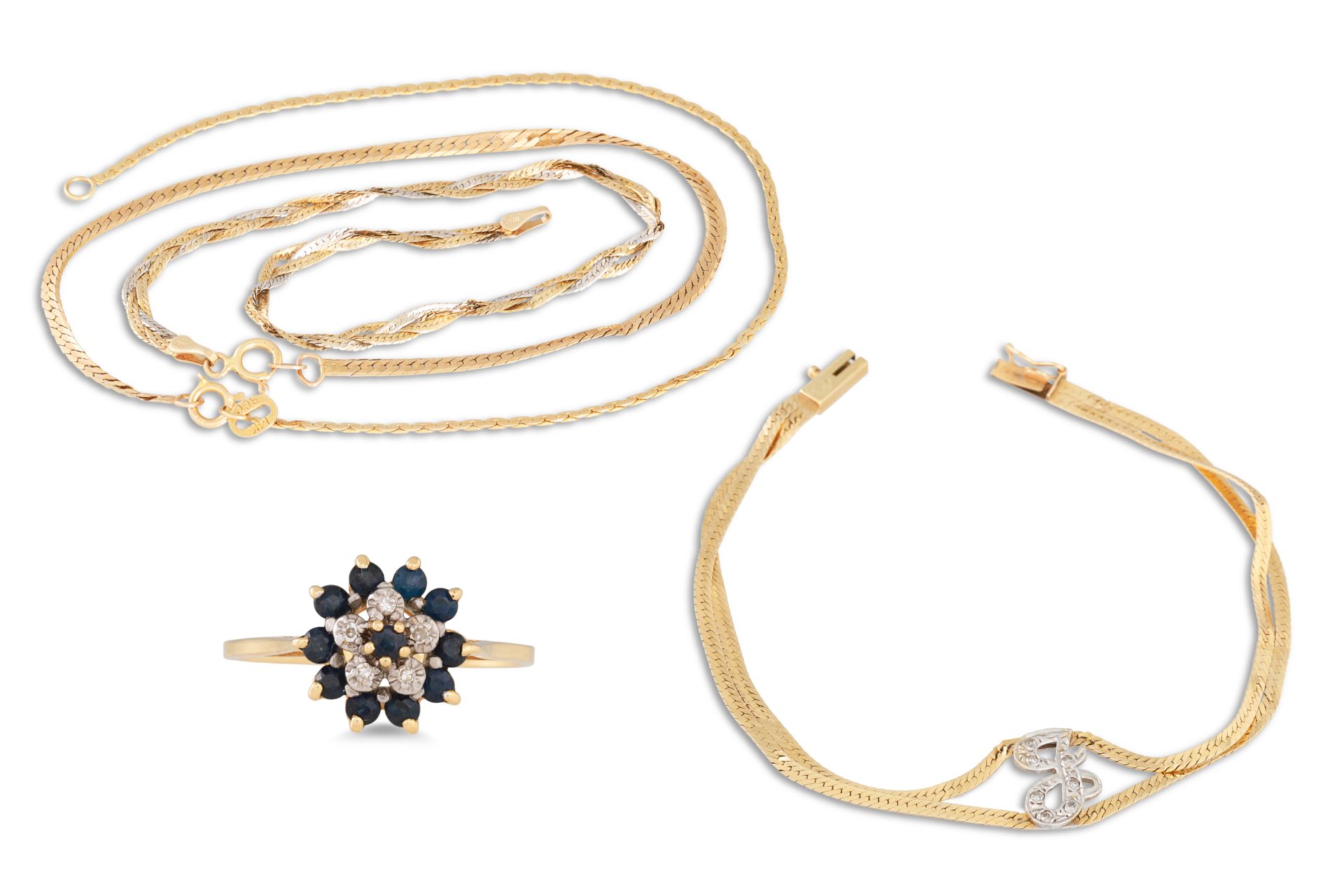A COLLECTION OF 14CT GOLD ITEMS, to include four bracelets and a dress ring, 9.9 g.
