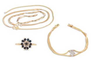 A COLLECTION OF 14CT GOLD ITEMS, to include four bracelets and a dress ring, 9.9 g.