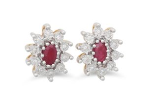 A PAIR OF RUBY AND DIAMOND CLUSTER EARRINGS, the oval rubies to diamond surround, mounted in 9ct