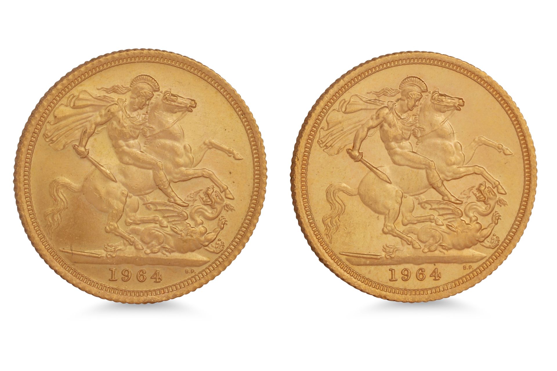 TWO 1964 QUEEN ELIZABETH II FULL GOLD SOVEREIGNS ENGLISH GOLD COINS, UN, 16 g. 22 ct.