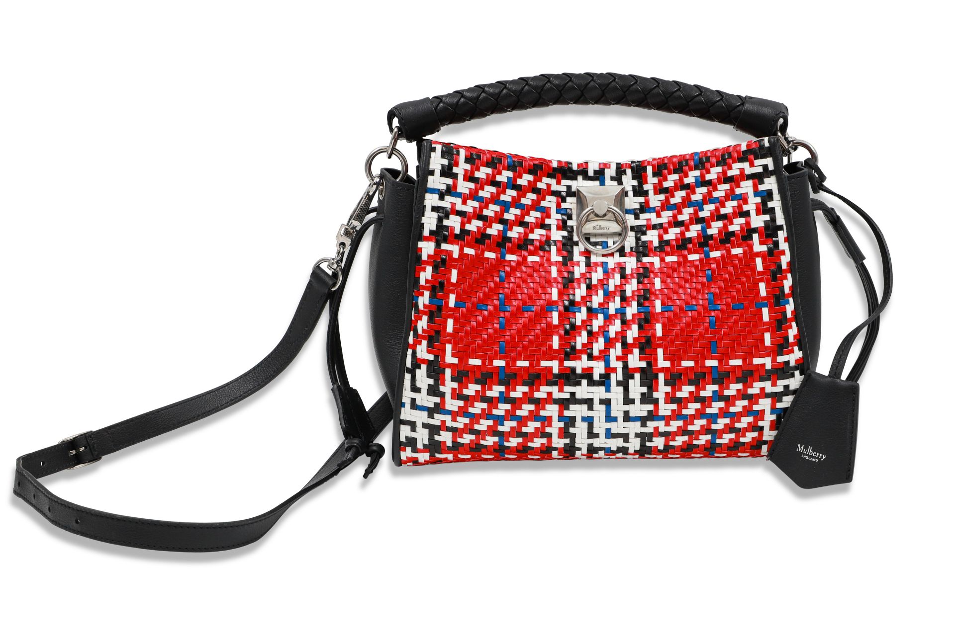 A MULBERRY AMBERLYEY CROSS BODY HANDBAG, white and black woven leather tartan, silver tone hardware,