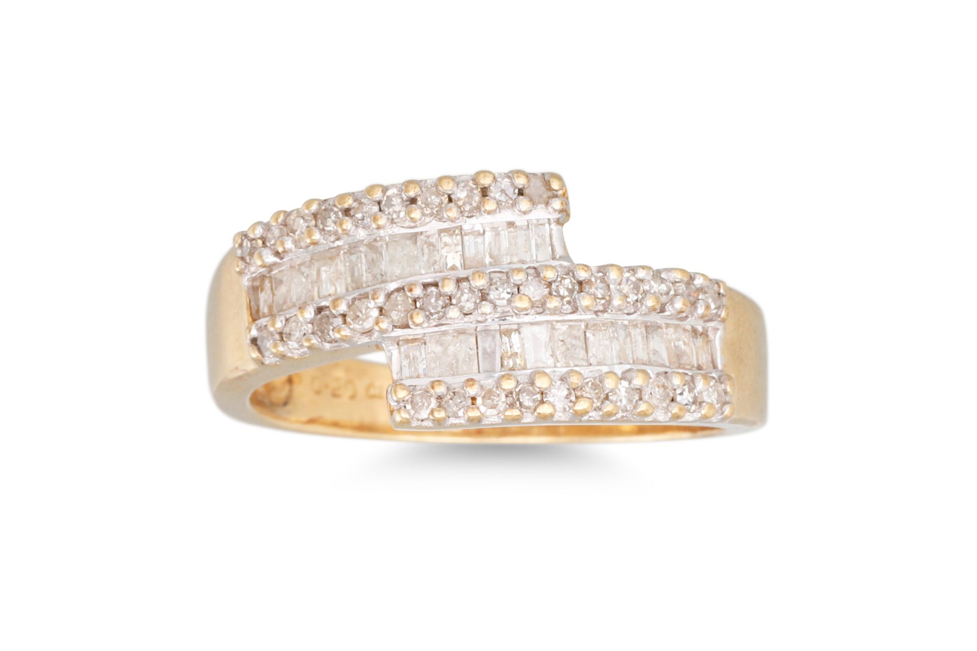 A DIAMOND CROSSOVER RING, mounted in 9ct yellow gold. Estimated: weight of diamonds: 0.50 ct. size