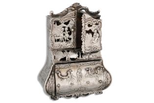A 19TH CENTURY MINI SILVER NOVELTY BOX, in the form of a cabinet, 1890, ca 4" high