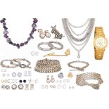A COLLECTION OF COSTUME AND SILVER JEWELLER, together with a Seiko watch