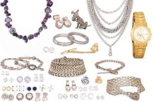 A COLLECTION OF COSTUME AND SILVER JEWELLER, together with a Seiko watch