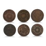 1800s 6 X VICTORIA 1/4d COPPER IRISH TOKENS: Terry Rathdowney, City Armes Aungier St, Mooney