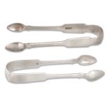 TWO PAIRS OF GEORGE IV IRISH SILVER SUGAR FIDDLE PATTERN TONGS, one Dublin 1824 Wm Cummins, the