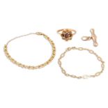 A COLLECTION OF 9CT GOLD ITEMS, to include two bracelets, a t-bar and a ring, 12.9 g.